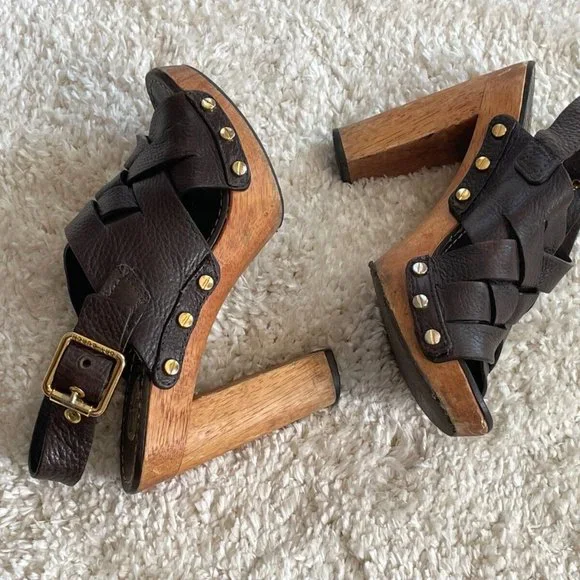 Tory Burch Women Heel Sandal Shoes Dark Brown Leather Upper Wood Heel Size 6 - Picture 2 of 12